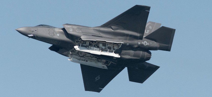 A U.S. Air Force F-35 in flight over San Francisco in October 2019.
