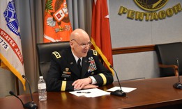 Army Deputy Chief of Staff G-6 Lt. Gen. John Morrison conducts a virtual mentoring session with high school students in February 2021.