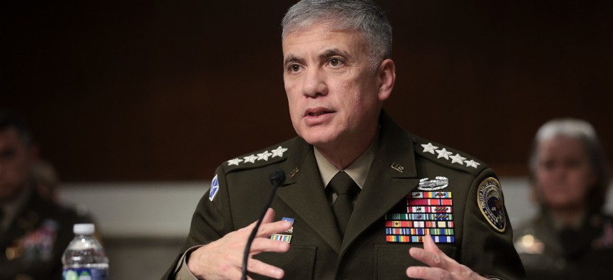 General Paul Nakasone, Commander United States Cyber Command and Director of the National Security Agency testifies before the Senate Armed Services Committee on April 5, 2022 in Washington, DC. 