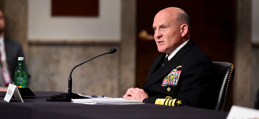 Chief of Naval Operations Adm. Mike Gilday testifies before a Senate budget hearing on May 12, 2022