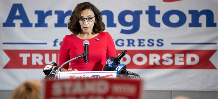 Katie Arrington speaks to supporters on  midterm primary election night party on June 14, 2022 in Summerville, S.C.