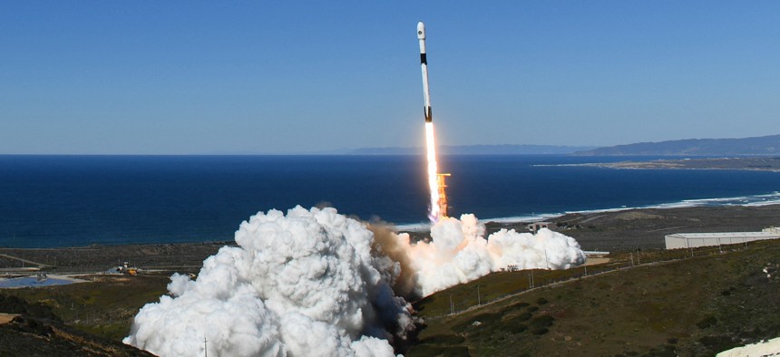 A SpaceX Falcon 9 rocket with the NROL-87 spy satellite payload for the National Reconnaissance Office launches from Vandenberg U.S. Space Force Base on Feb. 2, 2022 in Lompoc, Calif.